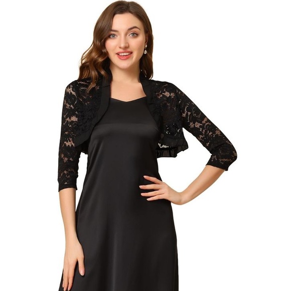 🌺 XL SHRUG LACE RUFFLE PLUS SIZE SHORT MID SHIRT COVER TOP BLACK SHEER ELEGANT - Picture 2 of 6